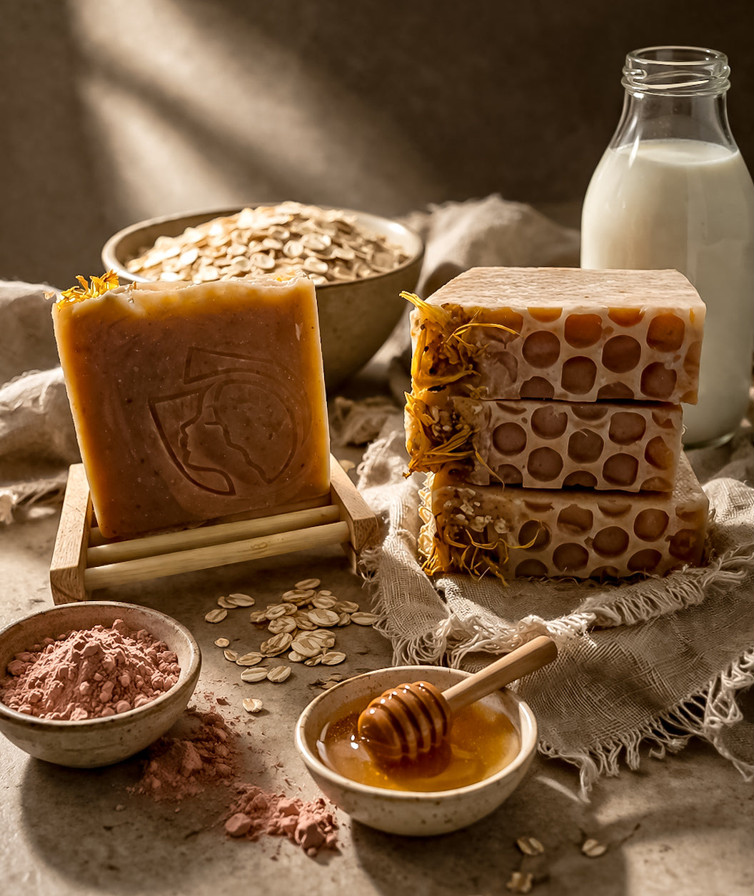 Esencia Divina – Jabón Natural de Leche de Cabra, Avena, Miel & Calamina