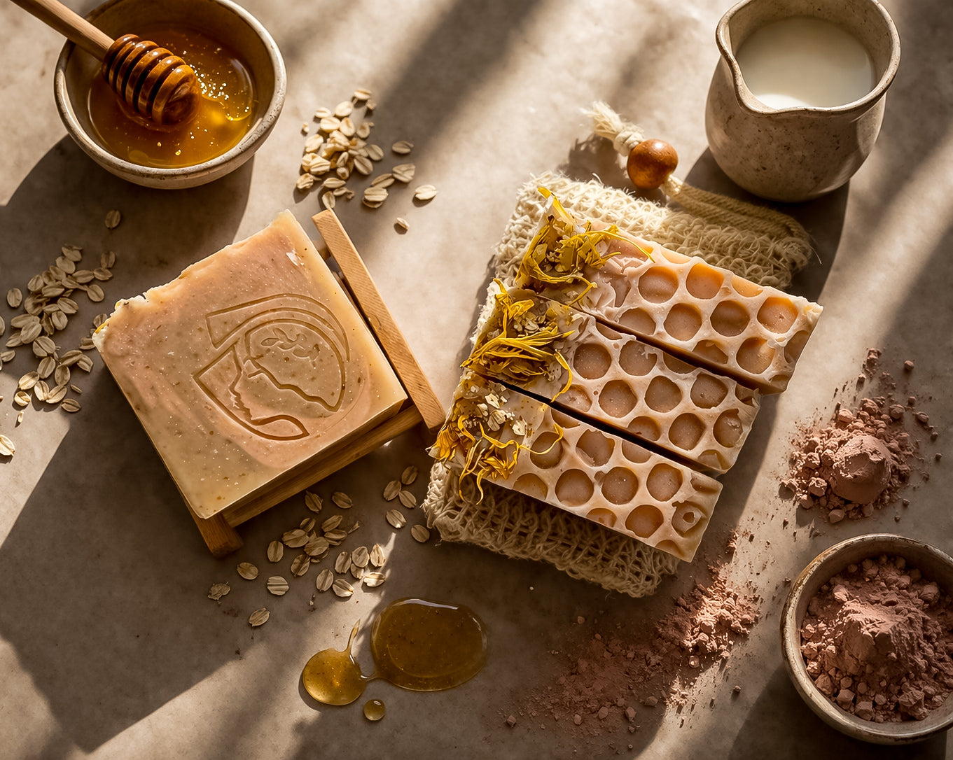 Esencia Divina – Jabón Natural de Leche de Cabra, Avena, Miel & Calamina