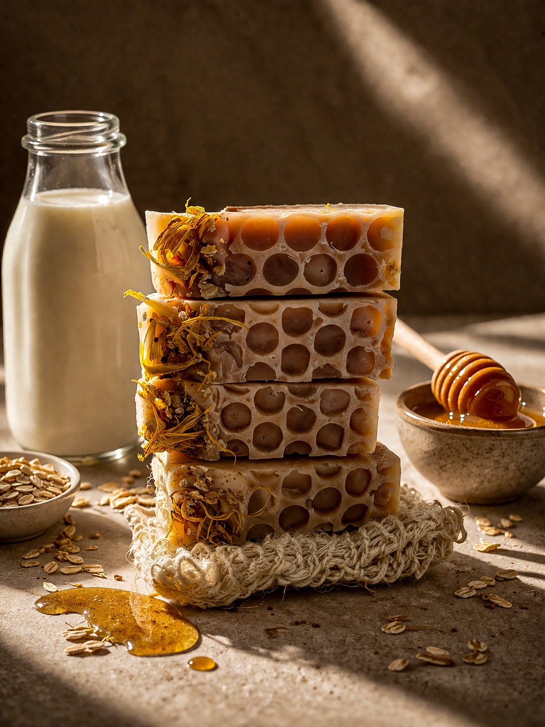 Esencia Divina – Jabón Natural de Leche de Cabra, Avena, Miel & Calamina