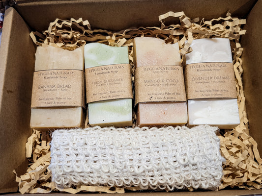 Half Size Bar Soap Gift Set – Set de 4 Mini Jabones + Bolsa Exfoliante de Sisal o Jabonera en Bambo