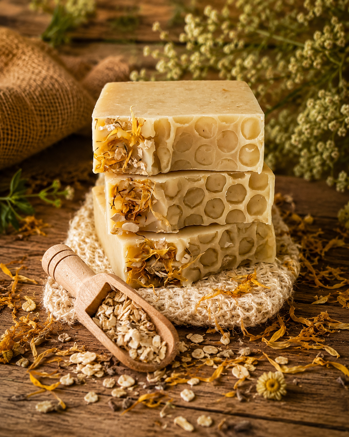 Jabón Artesanal Natural con Caléndula, Manzanilla, Cera de Abeja y Avena – Ideal para Piel Sensible y Seca