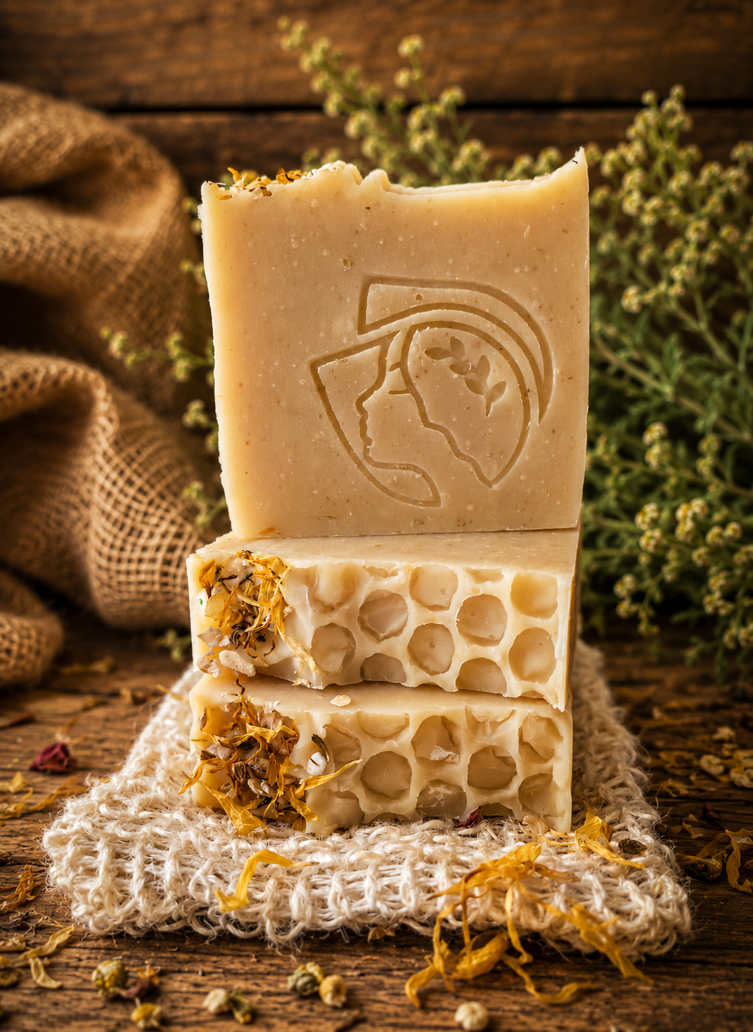Jabón Artesanal Natural con Caléndula, Manzanilla, Cera de Abeja y Avena – Ideal para Piel Sensible y Seca