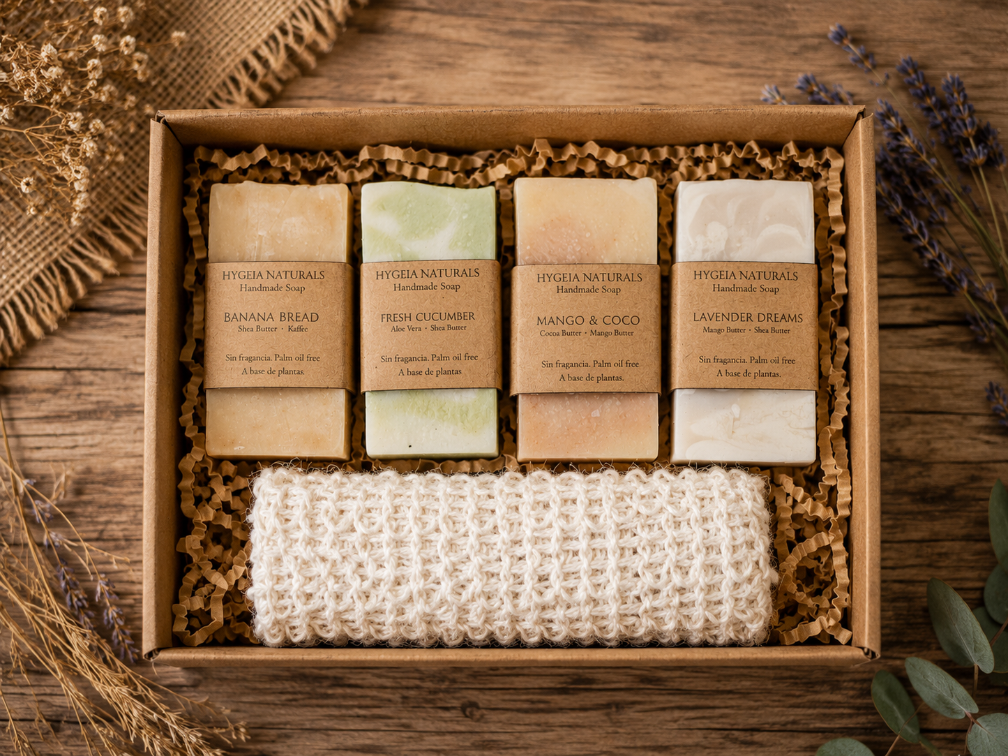 Half Size Bar Soap Gift Set – Set de 4 Mini Jabones + Bolsa Exfoliante de Sisal o Jabonera en Bambo