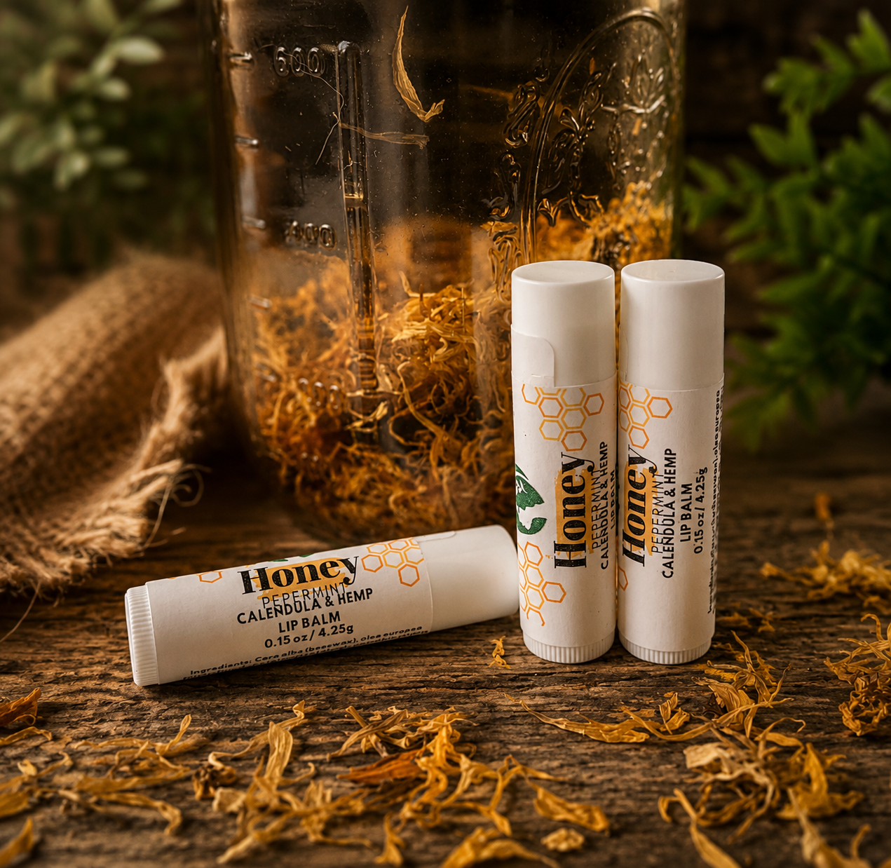 Bálsamo Labial Calmante de Caléndula y Cáñamo | Hidratación Natural para Labios Secos/Soothing Calendula & Hemp Lip balm