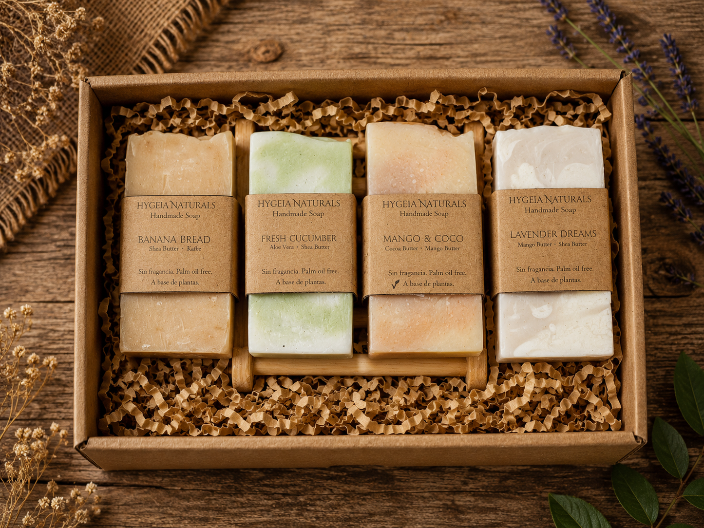 Half Size Bar Soap Gift Set – Set de 4 Mini Jabones + Bolsa Exfoliante de Sisal o Jabonera en Bambo